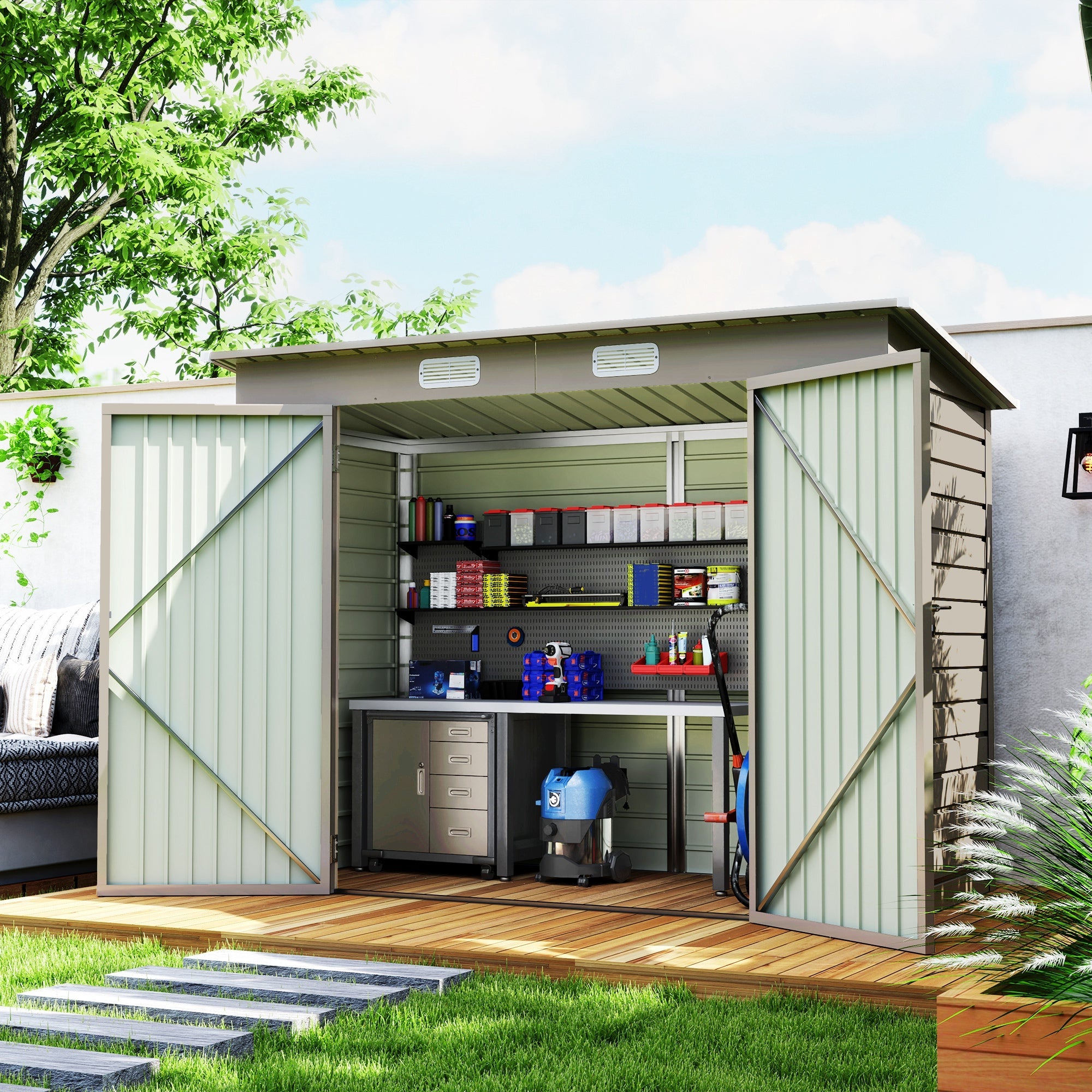 Outsunny 8 x 4FT Galvanized Garden Storage Shed, Metal Outdoor Shed with Double Doors and 2 Vents, Light Grey 