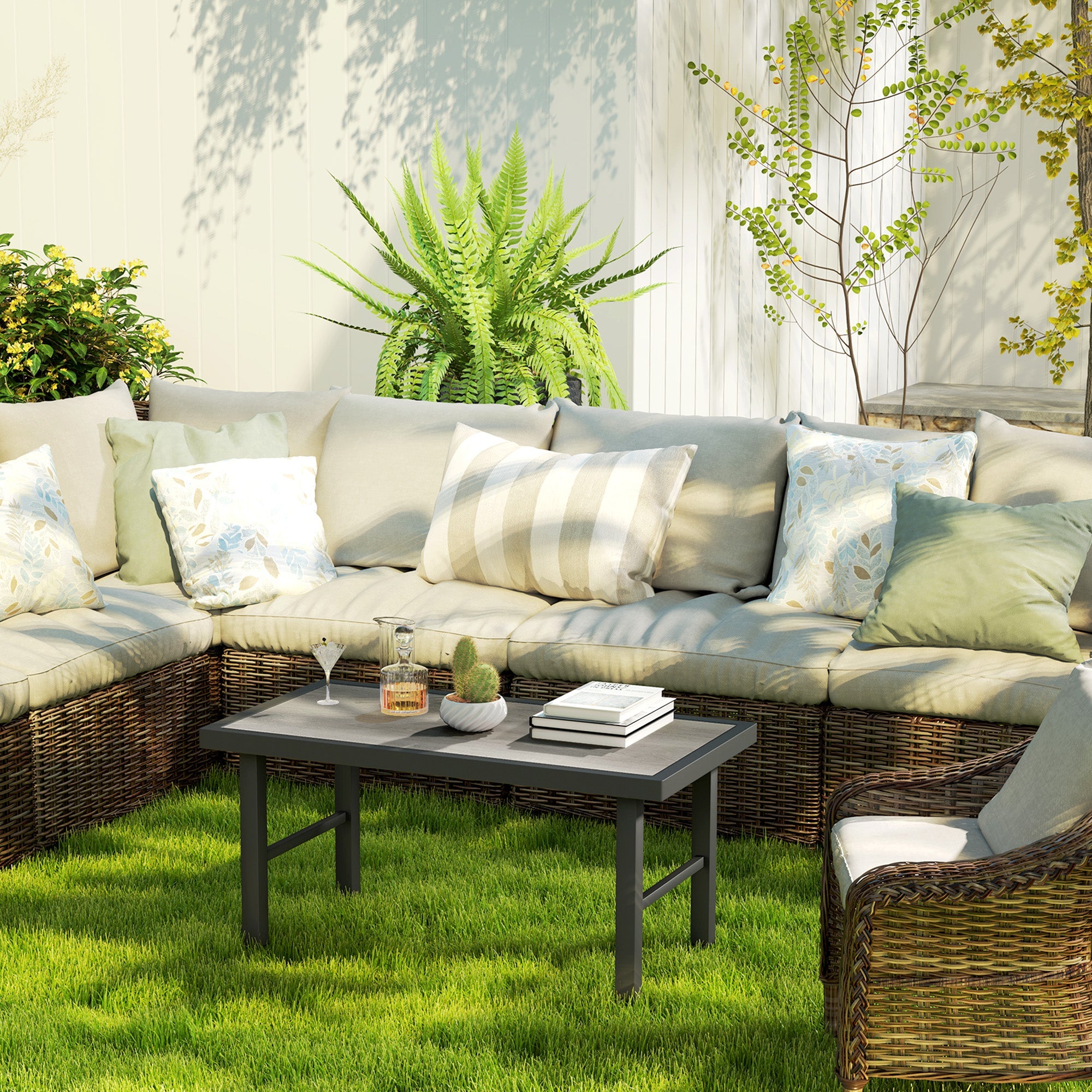 Outsunny Outdoor Side Table with SPC Woodgrain Tabletop, Metal Patio Coffee Table for Outside Garden, Distressed Grey 