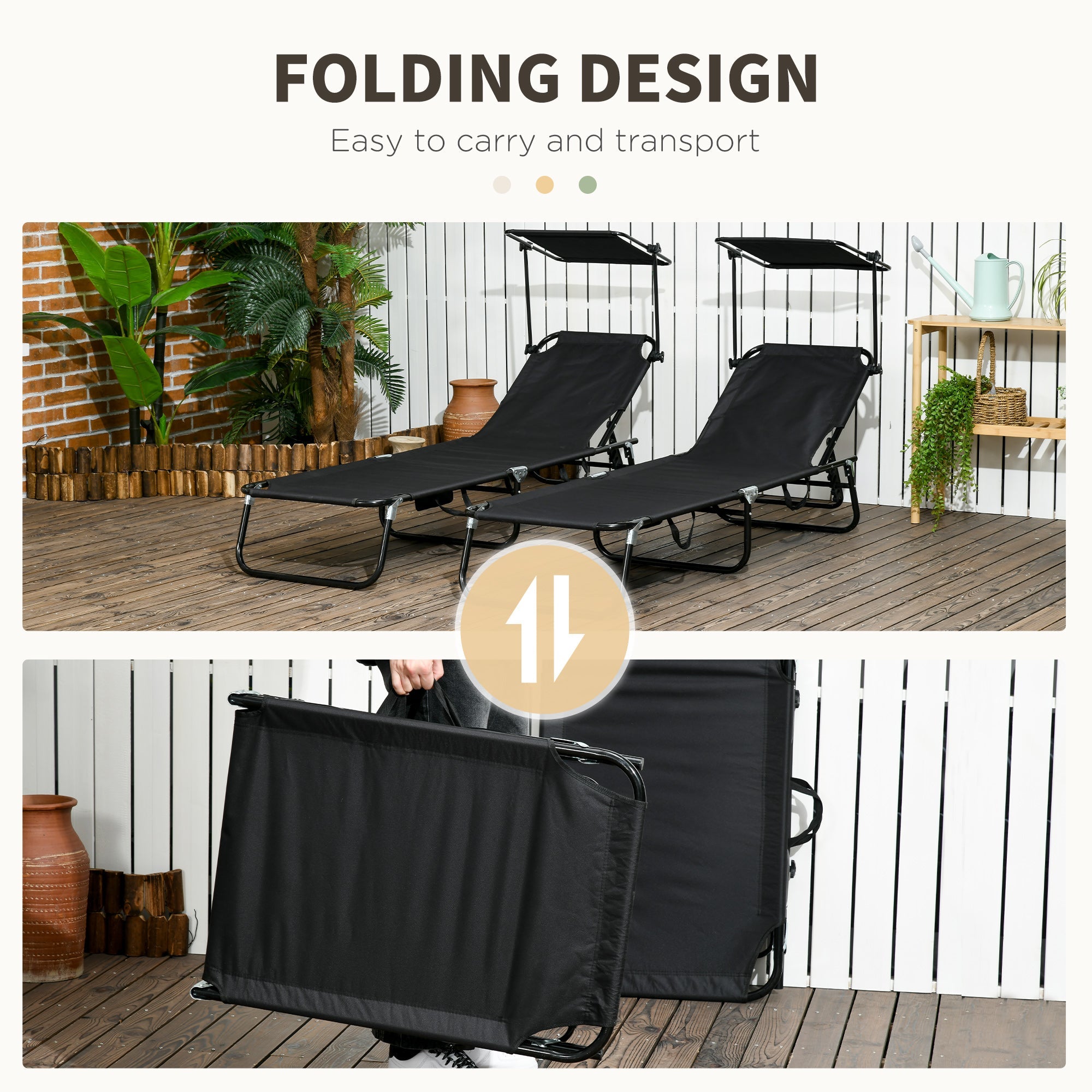 Outsunny Outdoor Chaise Lounge Chairs Set of 2 with Recliner Back and Sunshade for Pool Beach Patio Black 