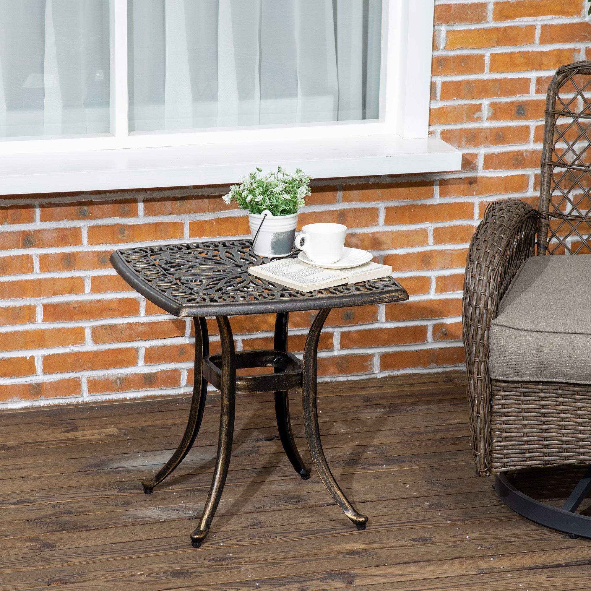 Outsunny Aluminium Outdoor Side Table with Umbrella Hole, 21" Square Patio Coffee Table End Table, Bronze 