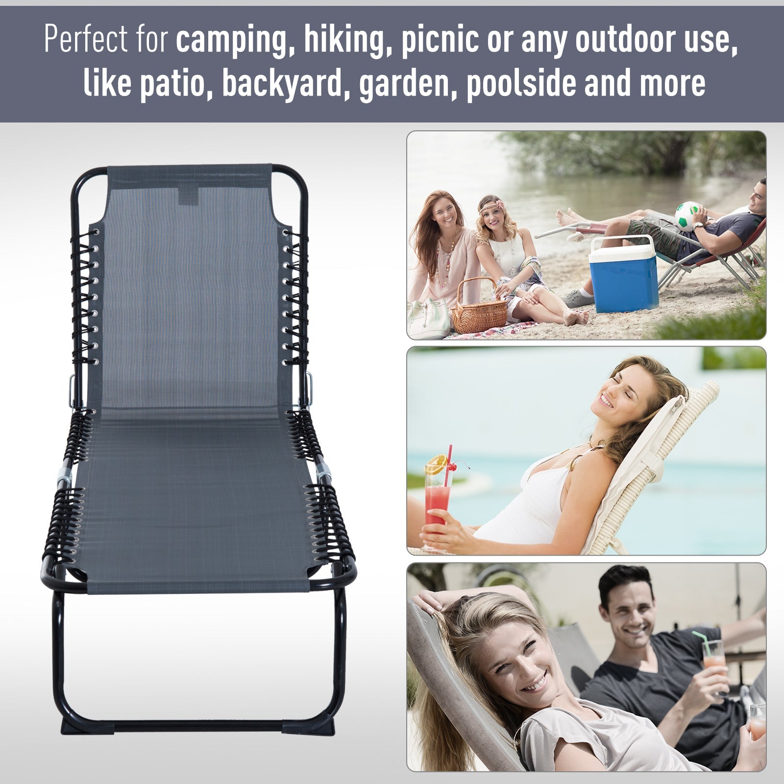 Outsunny Adjustable Folding Beach Bed 4-Level Reclining Lounger Lightweight Portable Camping Grey 