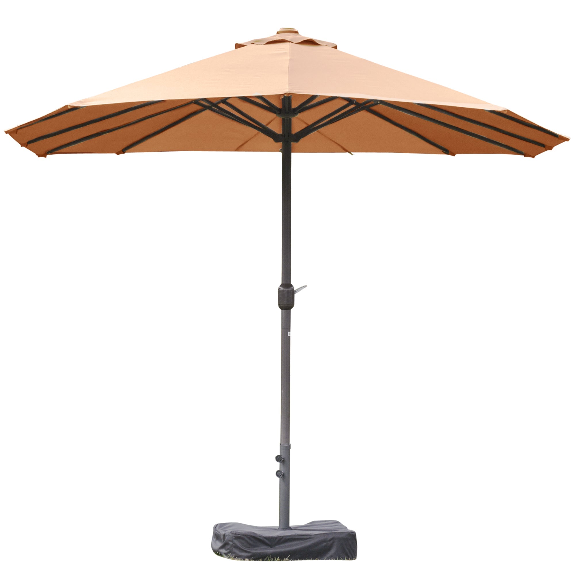 Outsunny 15' Outdoor Patio Umbrella with Twin Canopy Sunshade Steel Table Umbrella w/ Lift Crank, Cross base, Sandbag, Brown 
