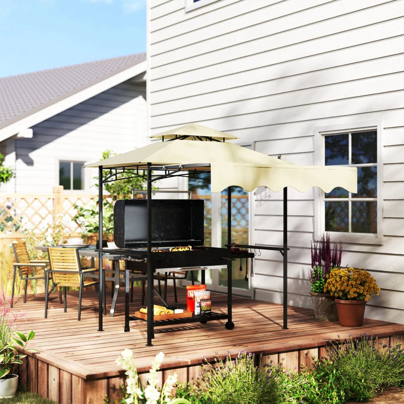 8' x 7.6' Grill Gazebo, Double Tiered Barbecue Grill Gazebo Shelter w/ Side Awning, 2 Side Shelves, 6 Hooks, Beige