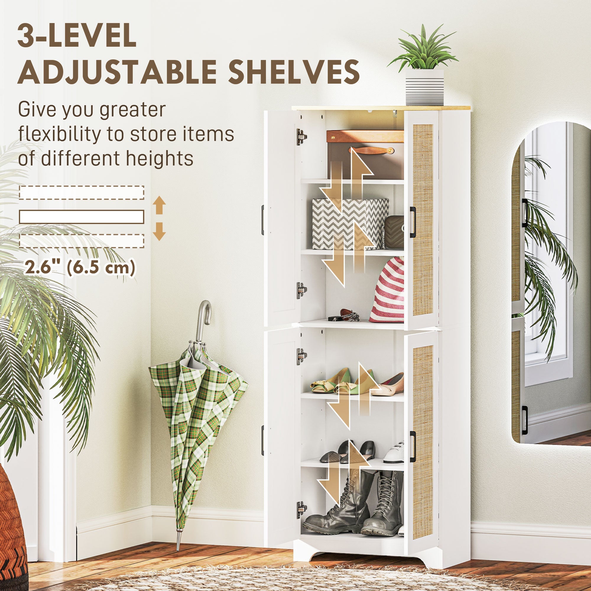 HOMCOM 67" Tall Kitchen Pantry, Freestanding Kitchen Storage Cabinet with 4 Rattan Doors and Adjustable Shelves, White 