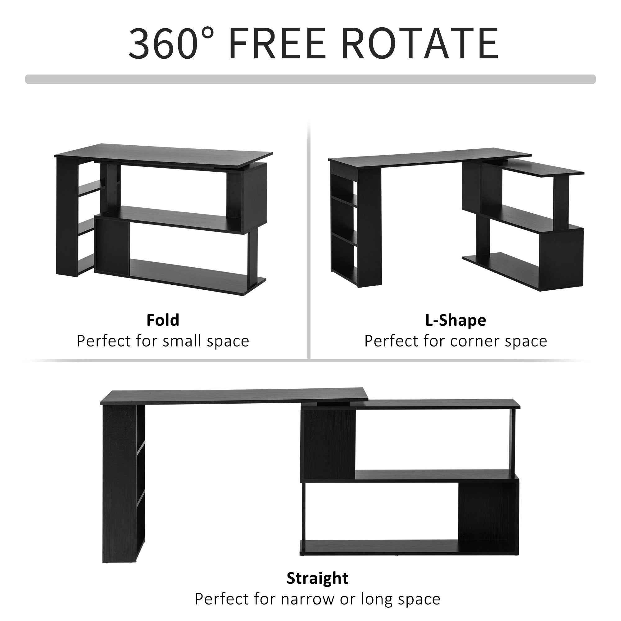 HOMCOM Rotating L-Shaped Desk Corner Computer Workstation with Storage Shelf Home Office Writing Table Black 