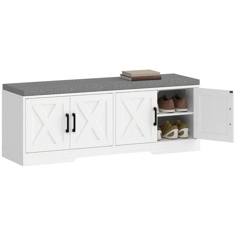 HOMCOM Farmhouse Shoe Storage Bench with Cushion, Entryway Bench with Adjustable Shelves & Cabinet Doors, White
