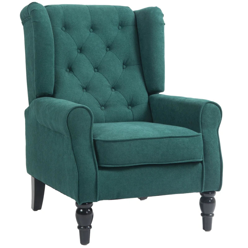 Fabric Accent Chair, Button Tufted Armchair, Armchair with Wood Legs, Thick Padding for Bedroom Dark Green