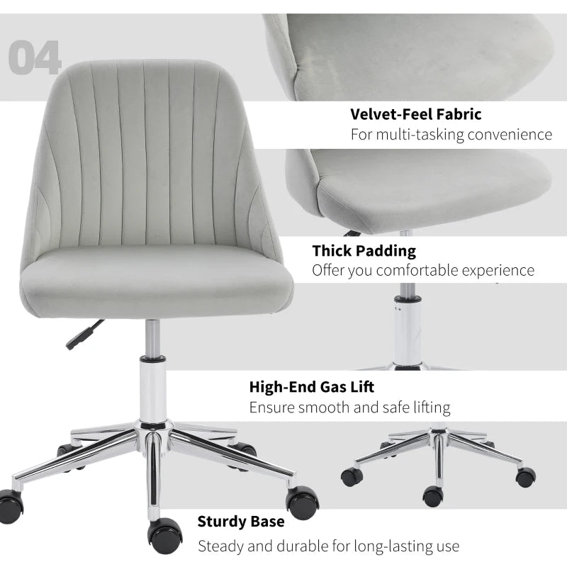 Vanity Chair for Makeup, Velvet Comfy Office Chair with Adjustable Height, Swivel Wheels for Bedroom, Living Room, Grey