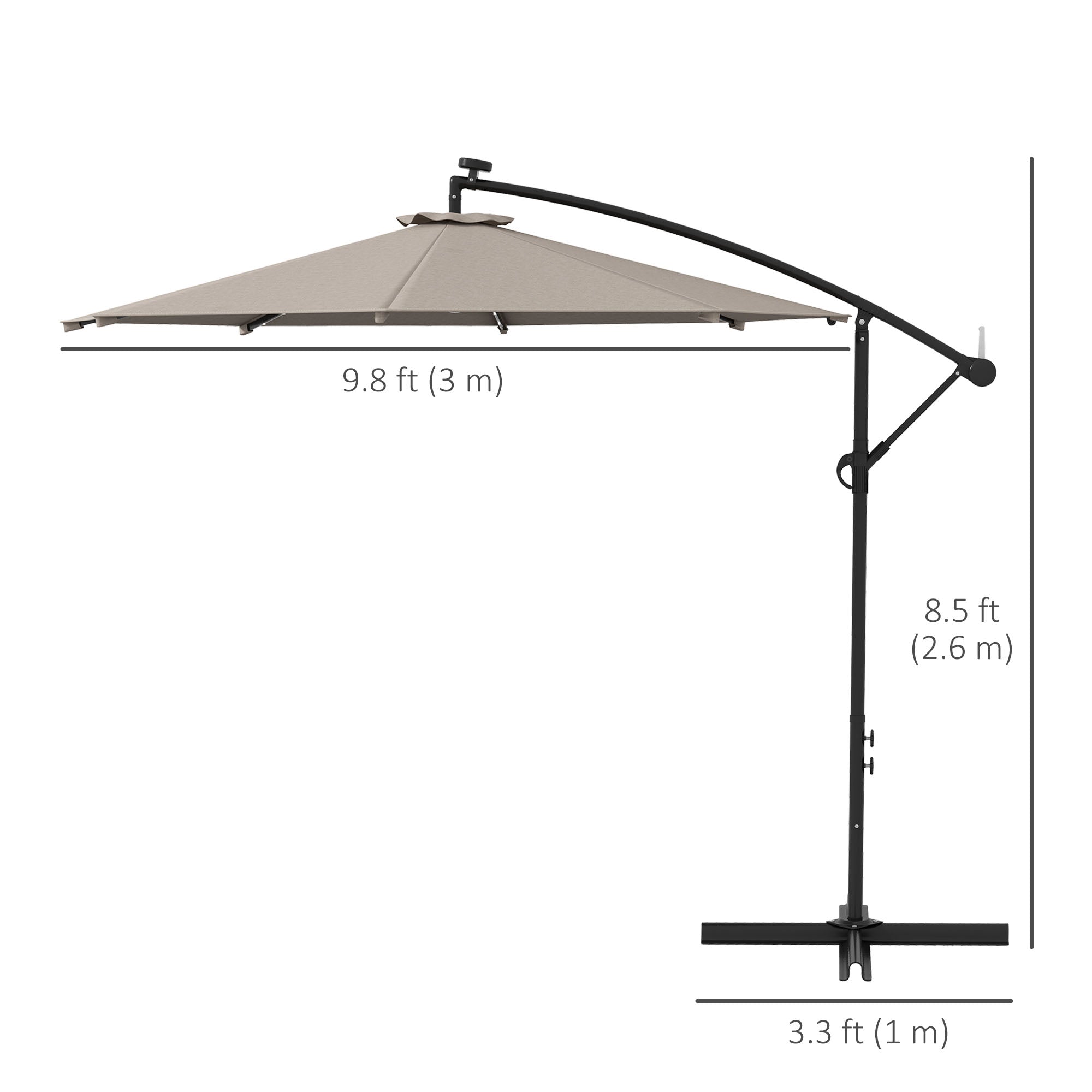 Outsunny 10' Cantilever Banana Umbrella Solar Lights Adjustable Angle Patio Backyard Khaki 