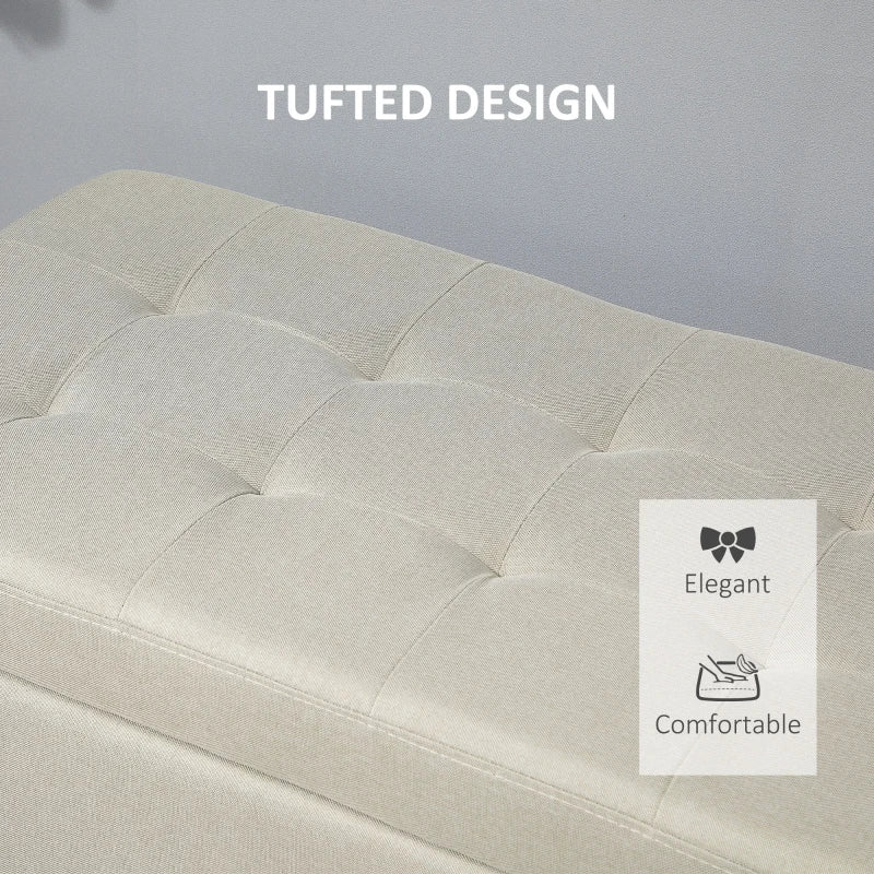 Rectangular Entry Bench, Tufted Upholstered Linen Fabric Wood Feet Storage Ottoman Bench, Beige