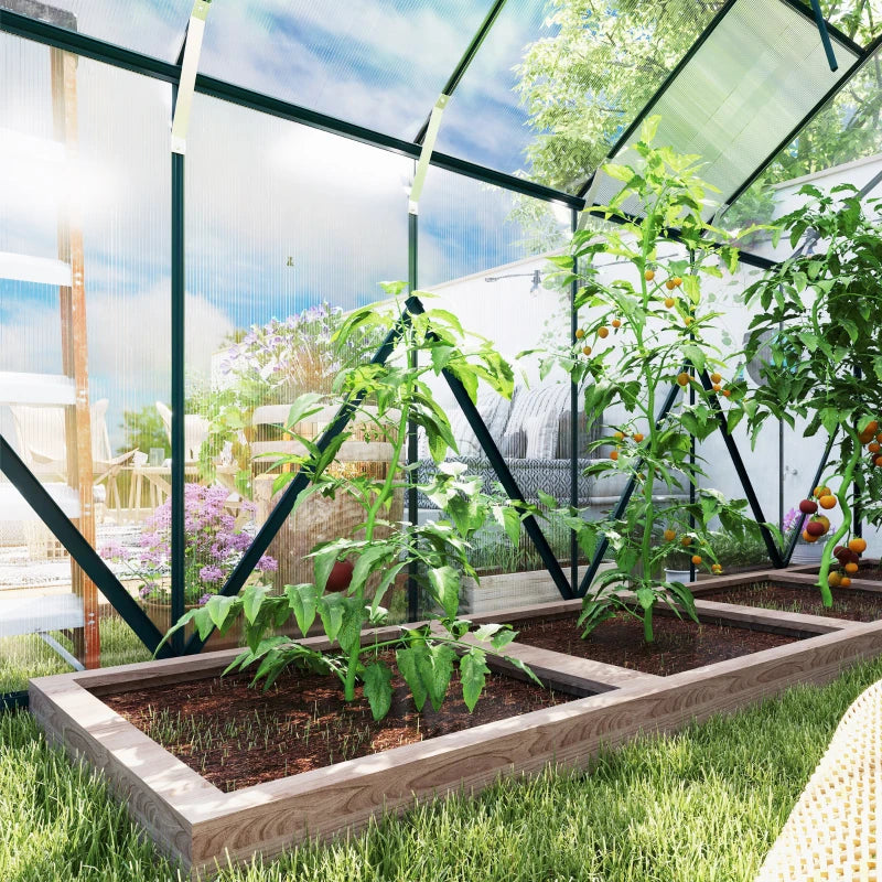 Aluminium Greenhouse Polycarbonate Walk-in Garden Greenhouse Kit with Adjustable Roof Vent, 8 x 12ft, Green