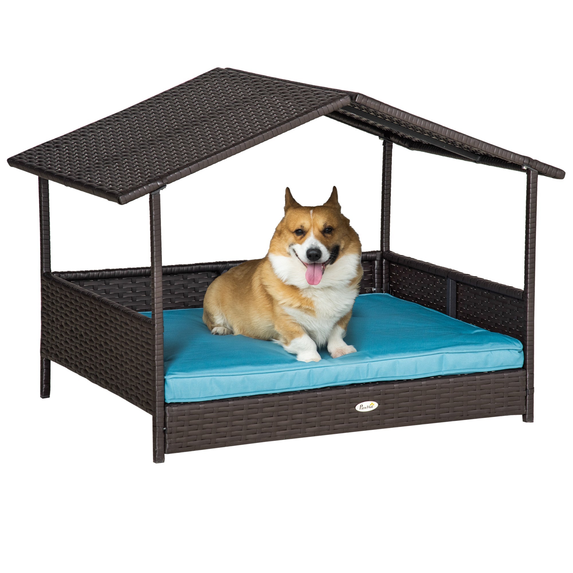 Outsunny PawHut Wicker Dog House Raised Rattan Pet Bed Indoor Outdoor Sofa with Cushion Medium Blue 