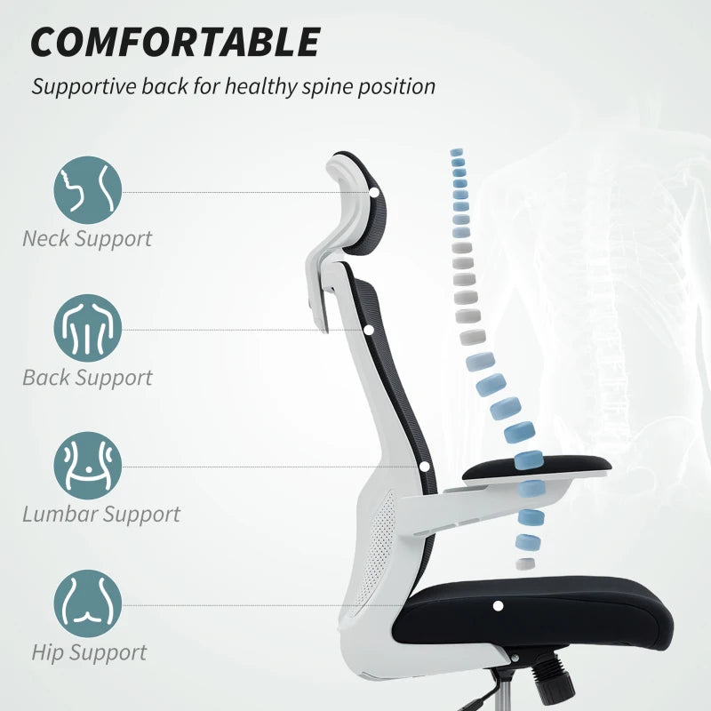 Ergonomic Office Chair, Swivel Desk Chair with Adjustable Lumbar Support, Headrest and Height, Flip-up Armrests, Black