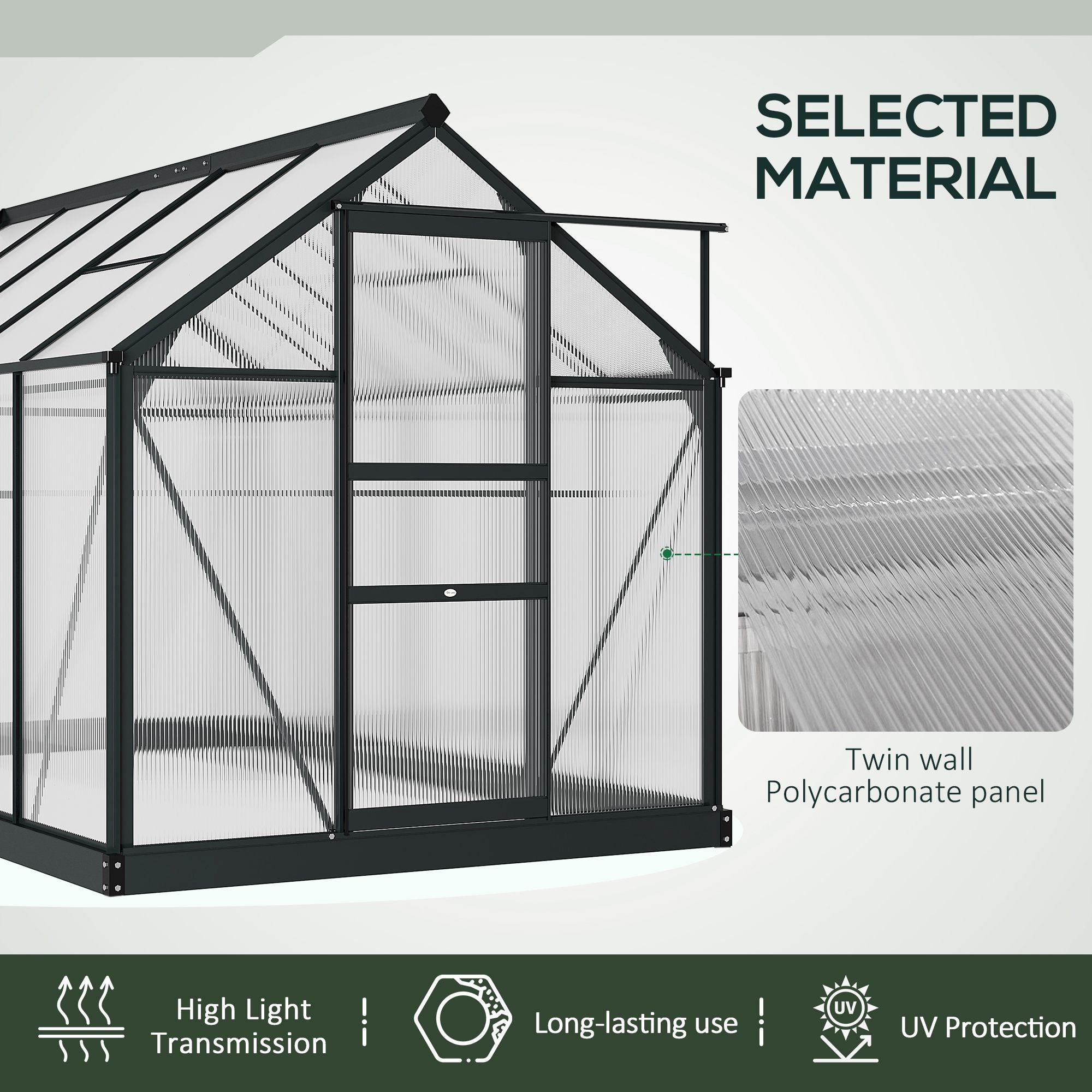 Outsunny 6' x 10' x 6.6' Polycarbonate Greenhouse, Walk-In Green House Kit Garden, Plants Grow, Galvanized Sheet Aluminum Frame with Rain Gutter, Vents and Sliding Door, Grey 