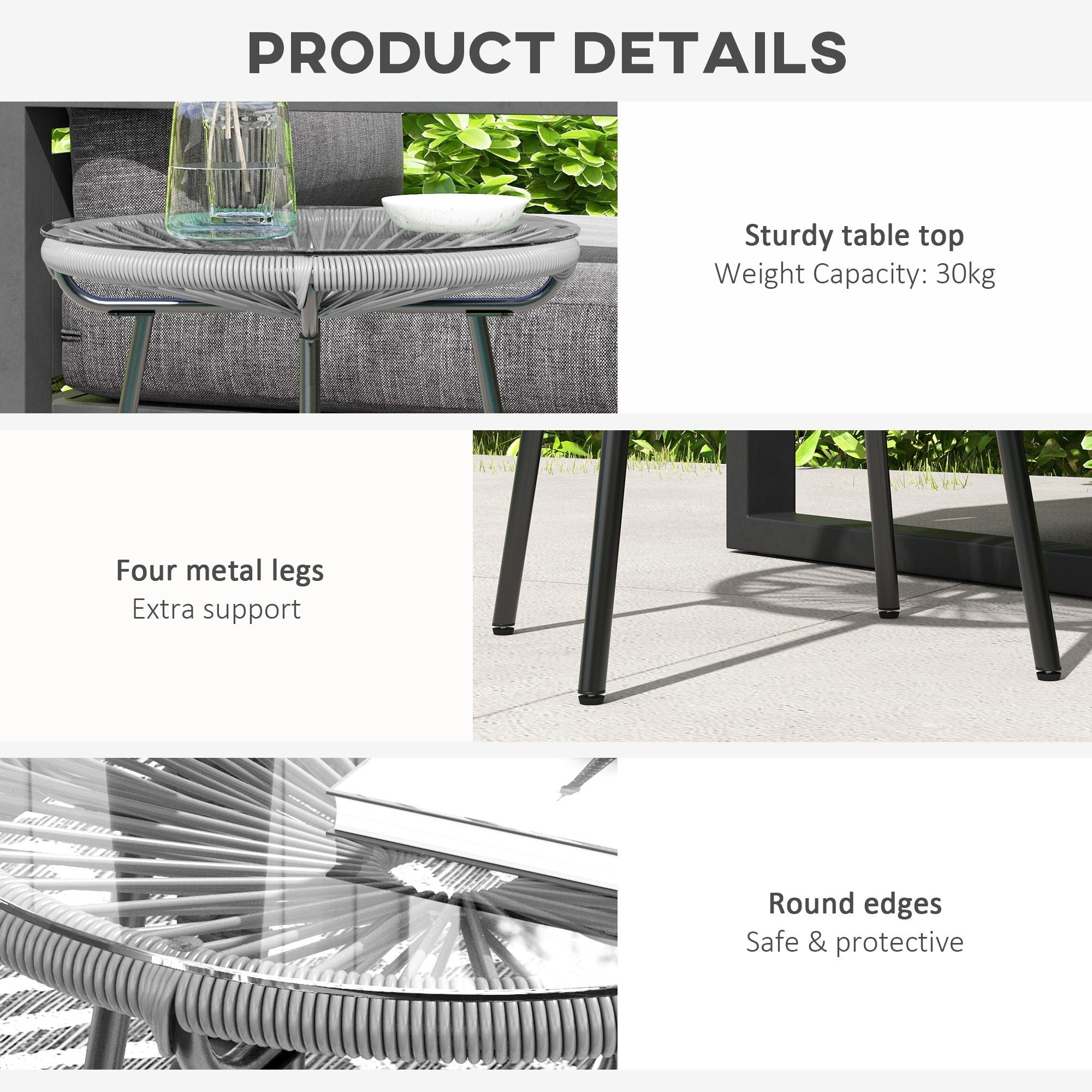 Outsunny Rattan Side Table, Round Outdoor Table, with Round PE Rattan and Tempered Glass Table Top for Patio, Garden, Grey 