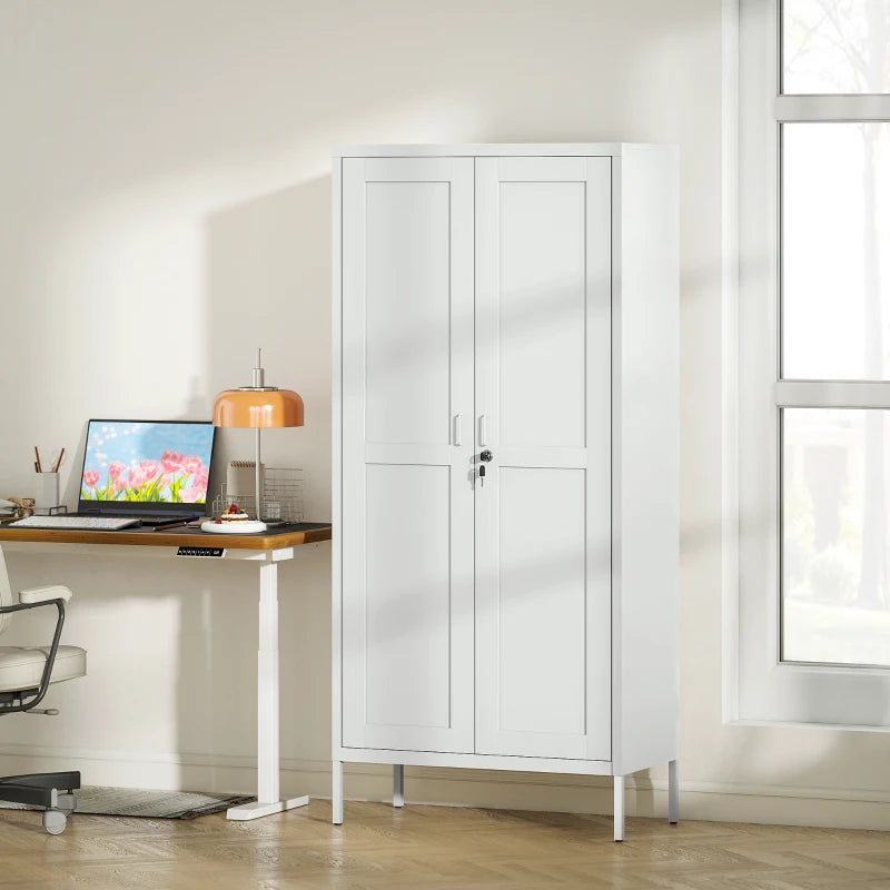 Office Storage Cabinet, Lockable Filing Cabinet with 3 Adjustable Shelves and 2 Doors for Home Office, Garage, White