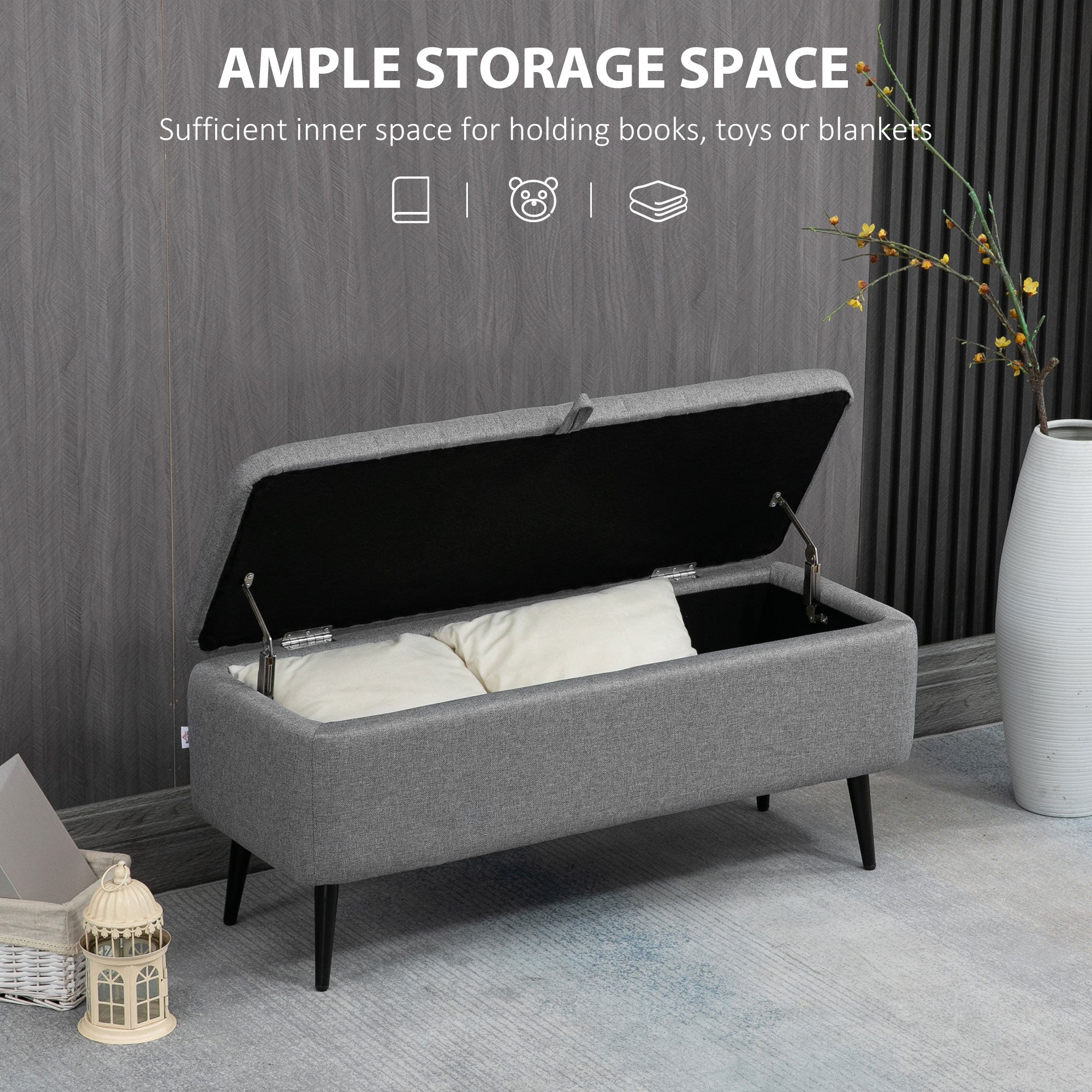 HOMCOM Linen Upholstered Ottoman: 40" Storage Bench with Sturdy Steel Legs for Living Spaces 