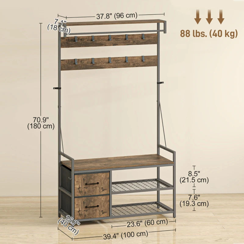 6-In-1 Hall Tree with Shoe Storage, Coat Rack Shoe Storage with 10 Hooks, 2 Fabric Drawers, Rustic Brown