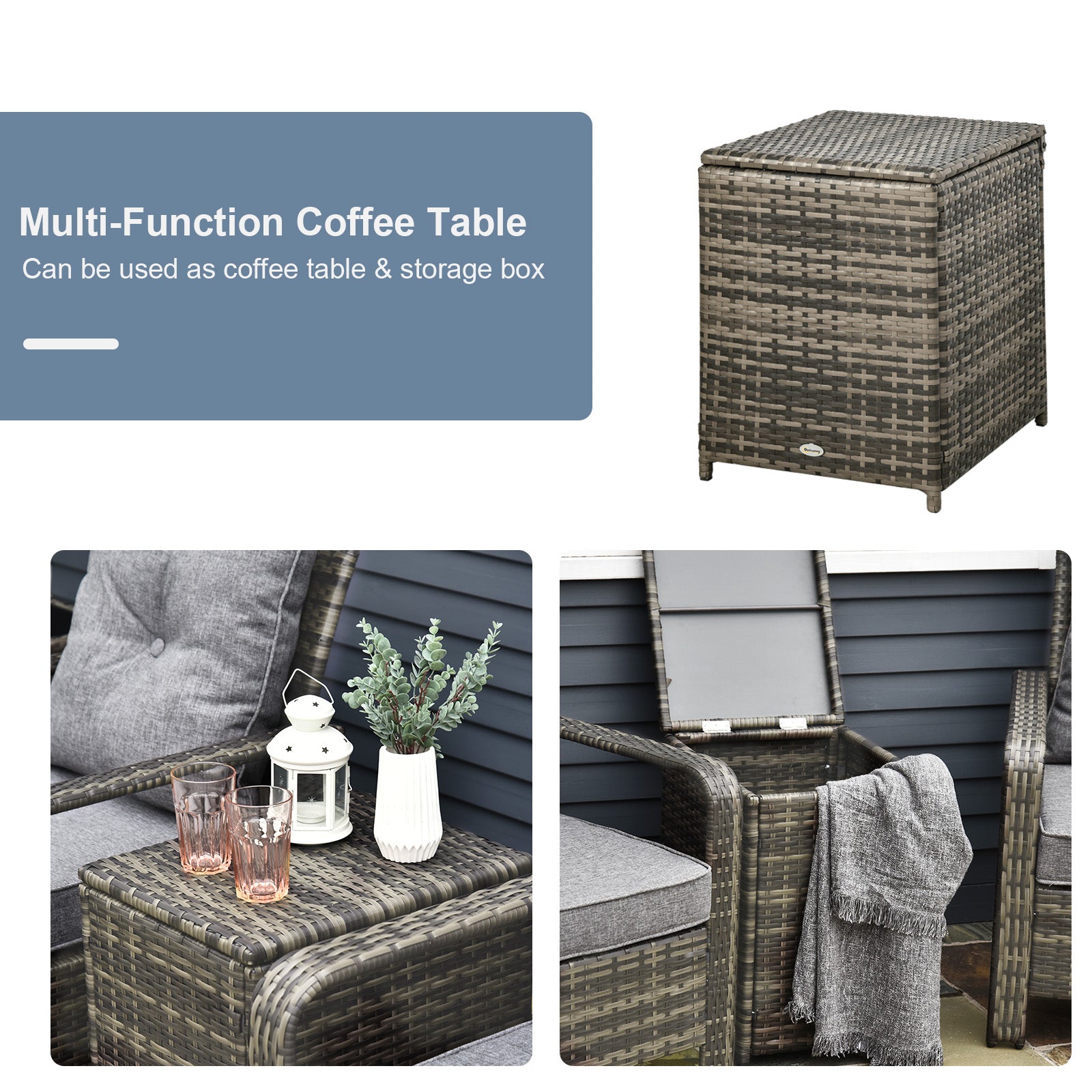 Outsunny 3pc Rattan Garden Sofa Set 2 Padded Chairs Storage Table Mixed Brown 