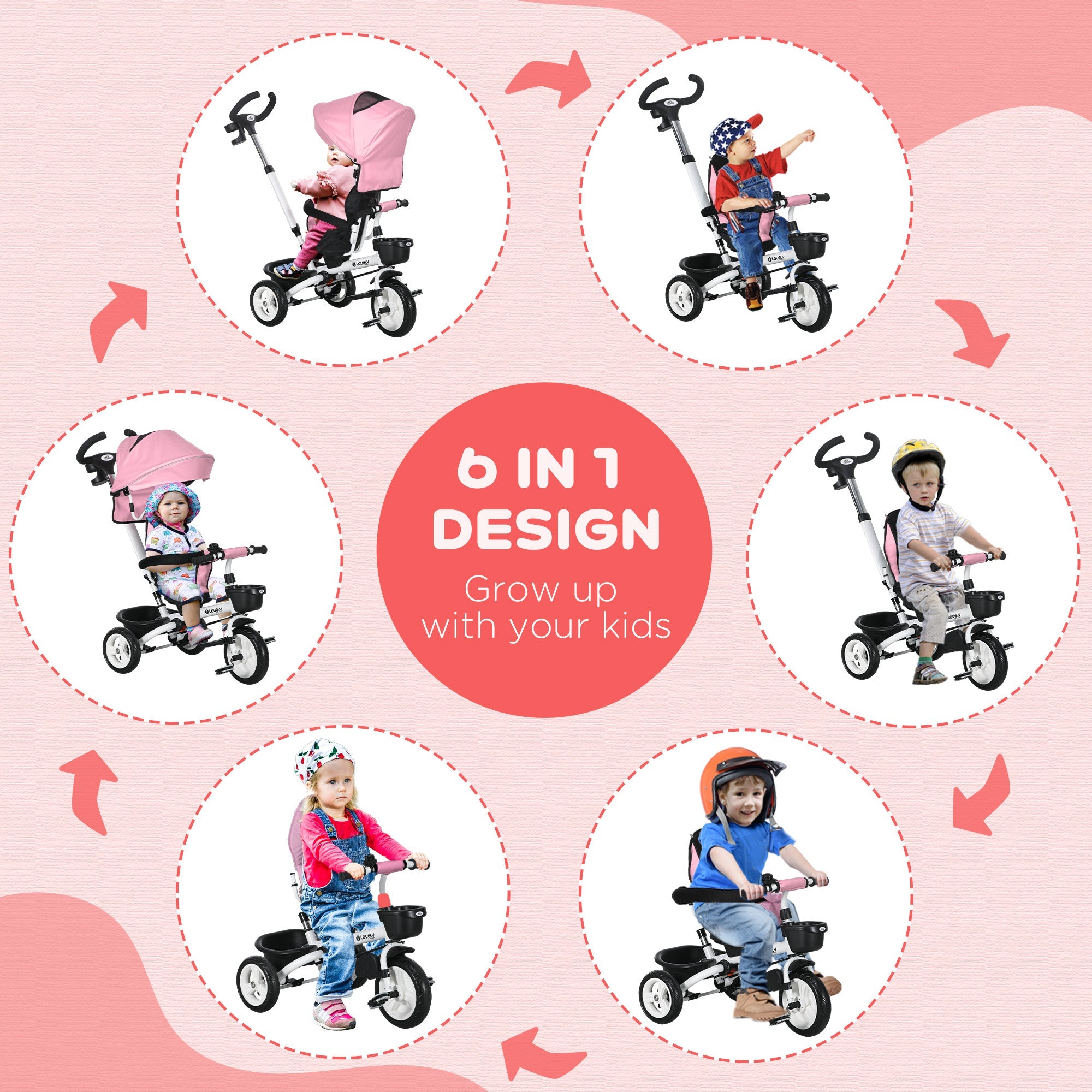 Qaba Pink 6-in-1 Toddler Tricycle with Push Handle, Canopy, Storage, Cupholder - Ideal for Outdoor Fun 