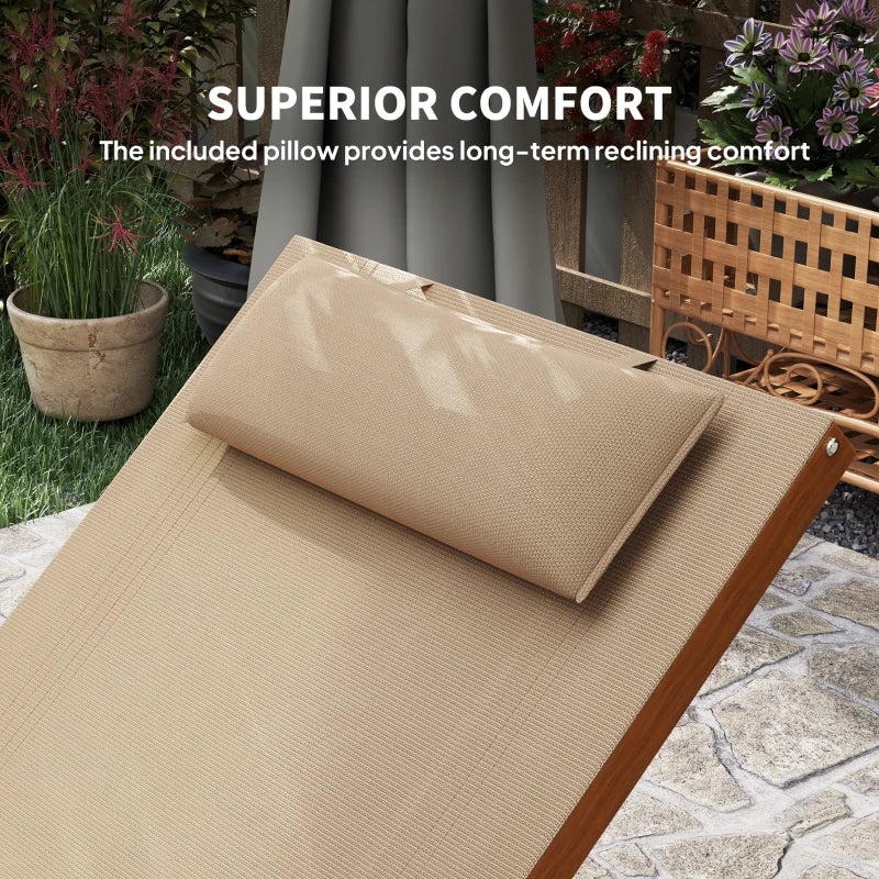 Outdoor Wood Chaise Lounge Chair Recliner Patio Camping with Headrest, Teak & Light Khaki
