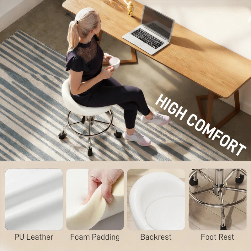 PU Leather Rolling Stool, Height Adjustable Swivel Salon Chair with Backrest and Foot Rest for Spa, Tattoo, White
