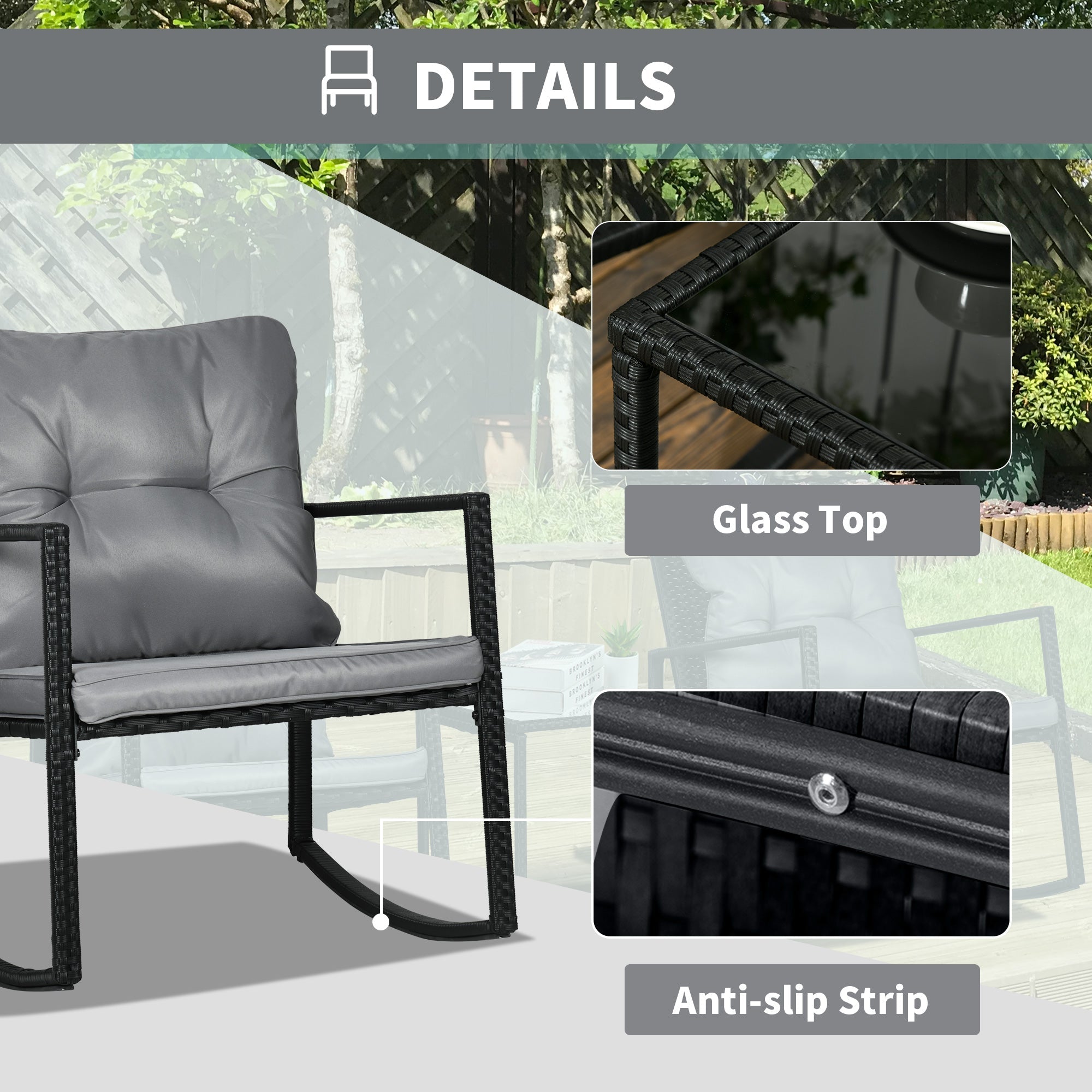 Outsunny 3-Piece Rocking Bistro Set, Wicker Outdoor Furniture with Glass Coffee Table, Rocking Chairs for Porch & Lawn 
