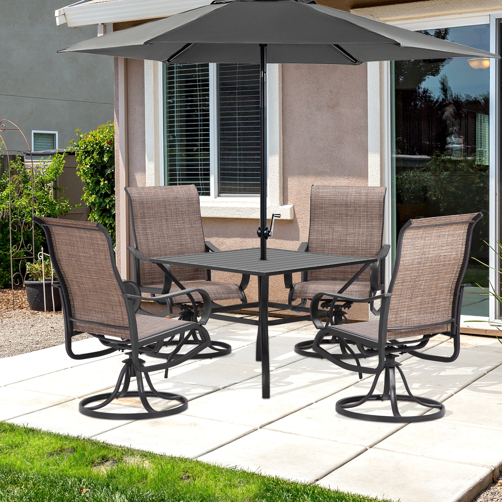 Outsunny Outdoor Dining Set 5-Piece with 4 Swivel Rocker Chairs and 37"x37" Table Brown Patio Furniture with Umbrella Hole 