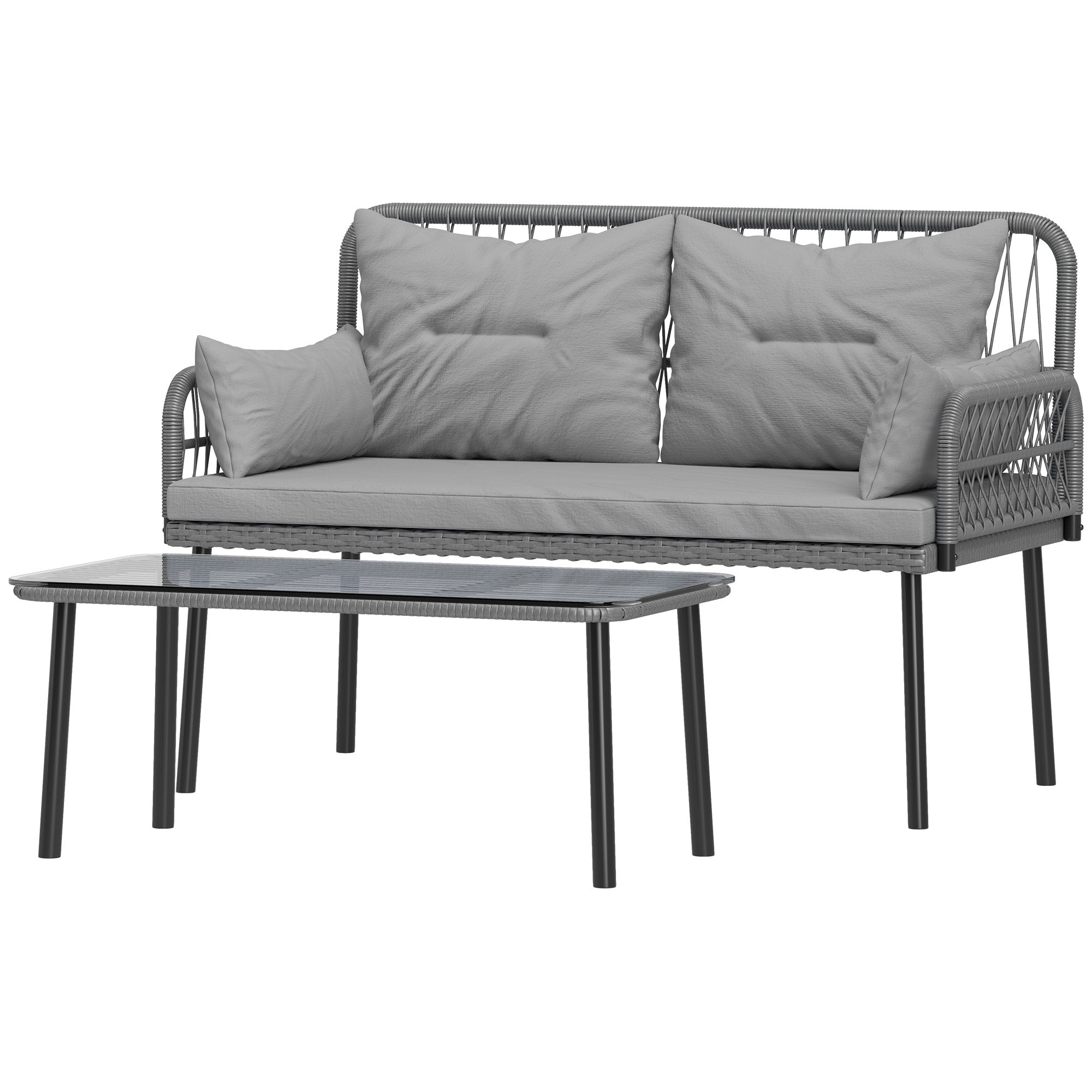 Outsunny 2 Pieces Wicker Patio Furniture Set, Small Patio Seat with Outdoor Loveseat, Glass Top Table and Cushions, Light Grey 