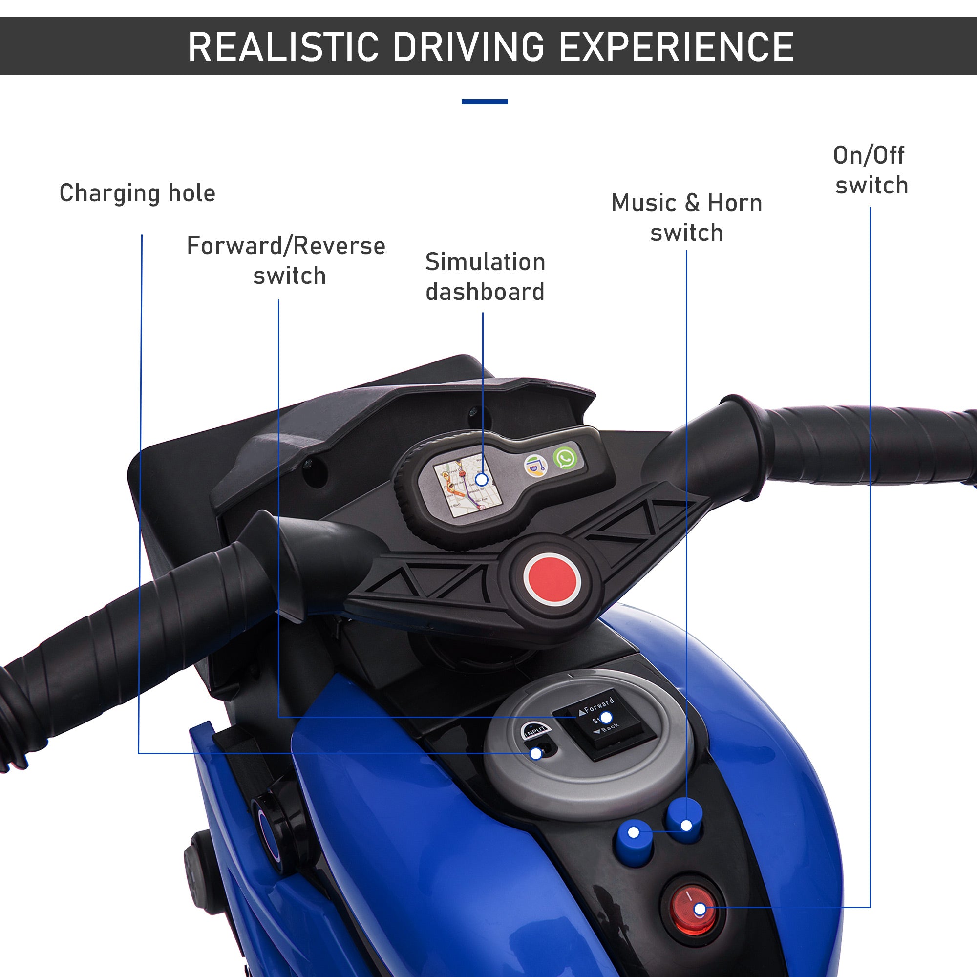 Aosom Kids Electric Motorcycle Ride-On Toy 6V Battery Powered with Music Horn Headlights Blue 