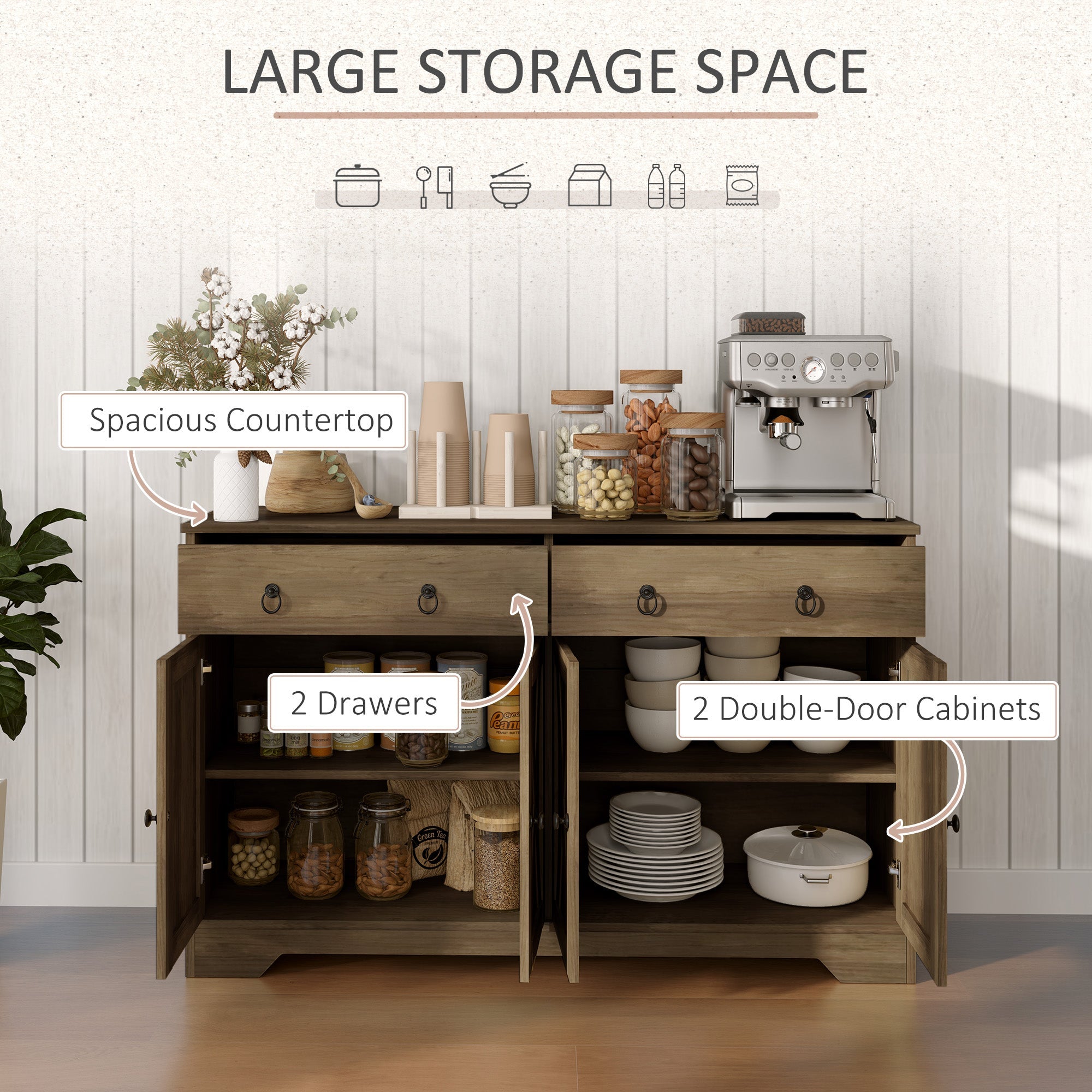 HOMCOM Sideboard Cabinet with 2 Drawers, 4 Barn Doors and 2 Adjustable Shelves, Buffet Table for Living Room, Light Brown 
