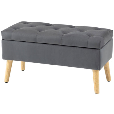 HOMCOM Storage Ottoman with Lid, Velvet Upholstered Storage Bench with Wood Legs for Living Room, Charcoal Grey 