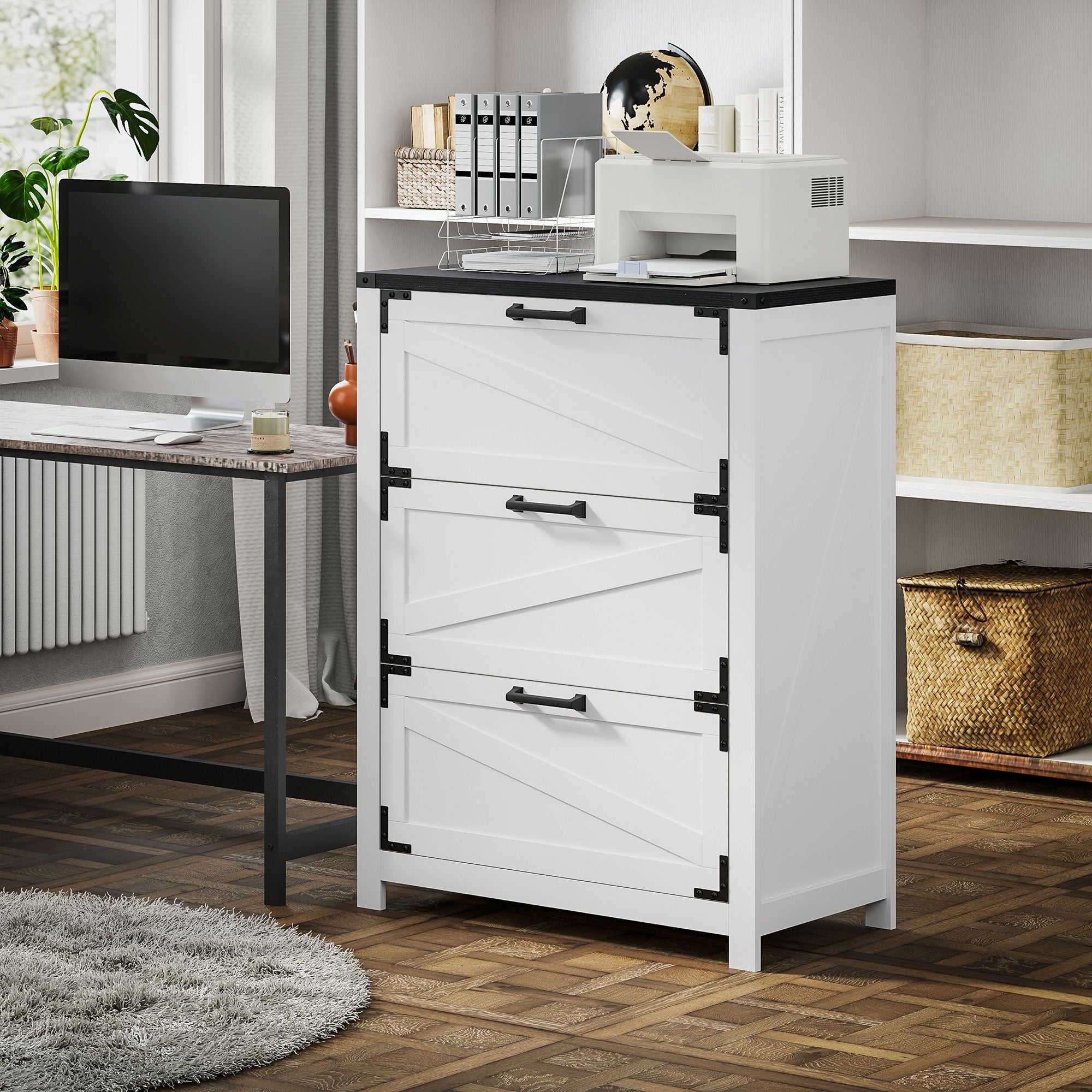 HOMCOM 3 Drawer Filing Cabinet, Farmhouse Office Storage Cabinet with Adjustable Hanging Bars for Letter, A4, Legal Size, White 