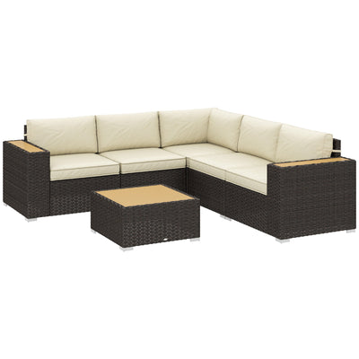 Outsunny 6 Pieces Outdoor Rattan Patio Furniture Set with Corner Sofa, Wood-Plastic Coffee Table, Light Khaki 