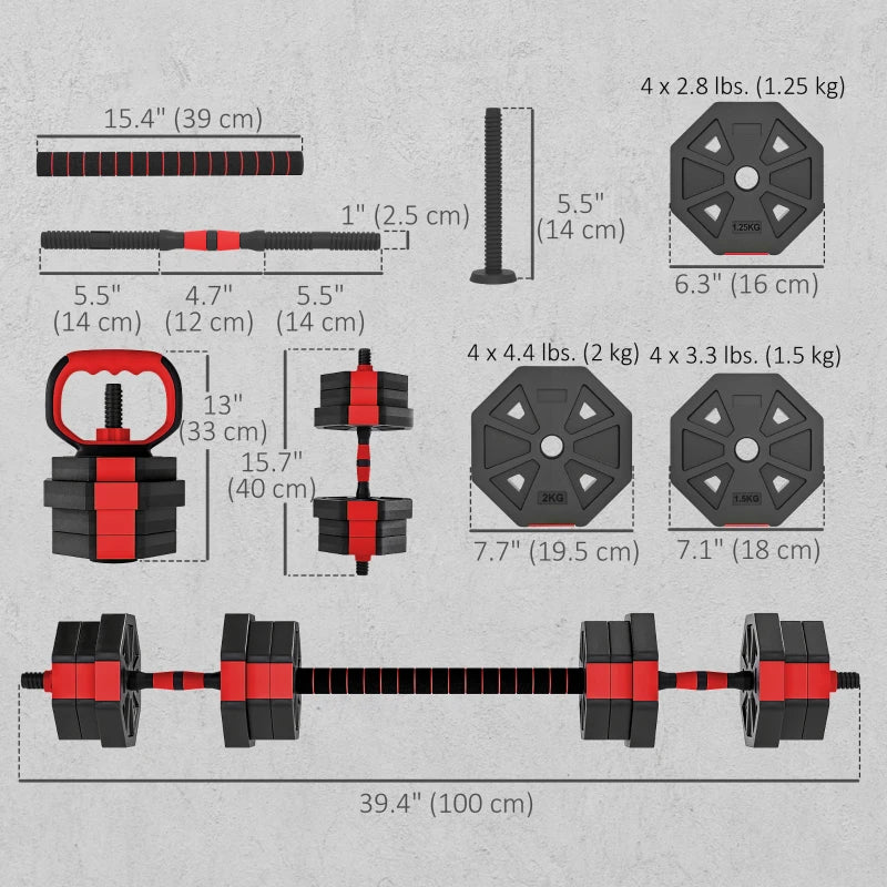 6-in-1 Adjustable Dumbbell Set, 44 lb Free Weights with Kettlebell, Barbell & Push-Up Stand – Red