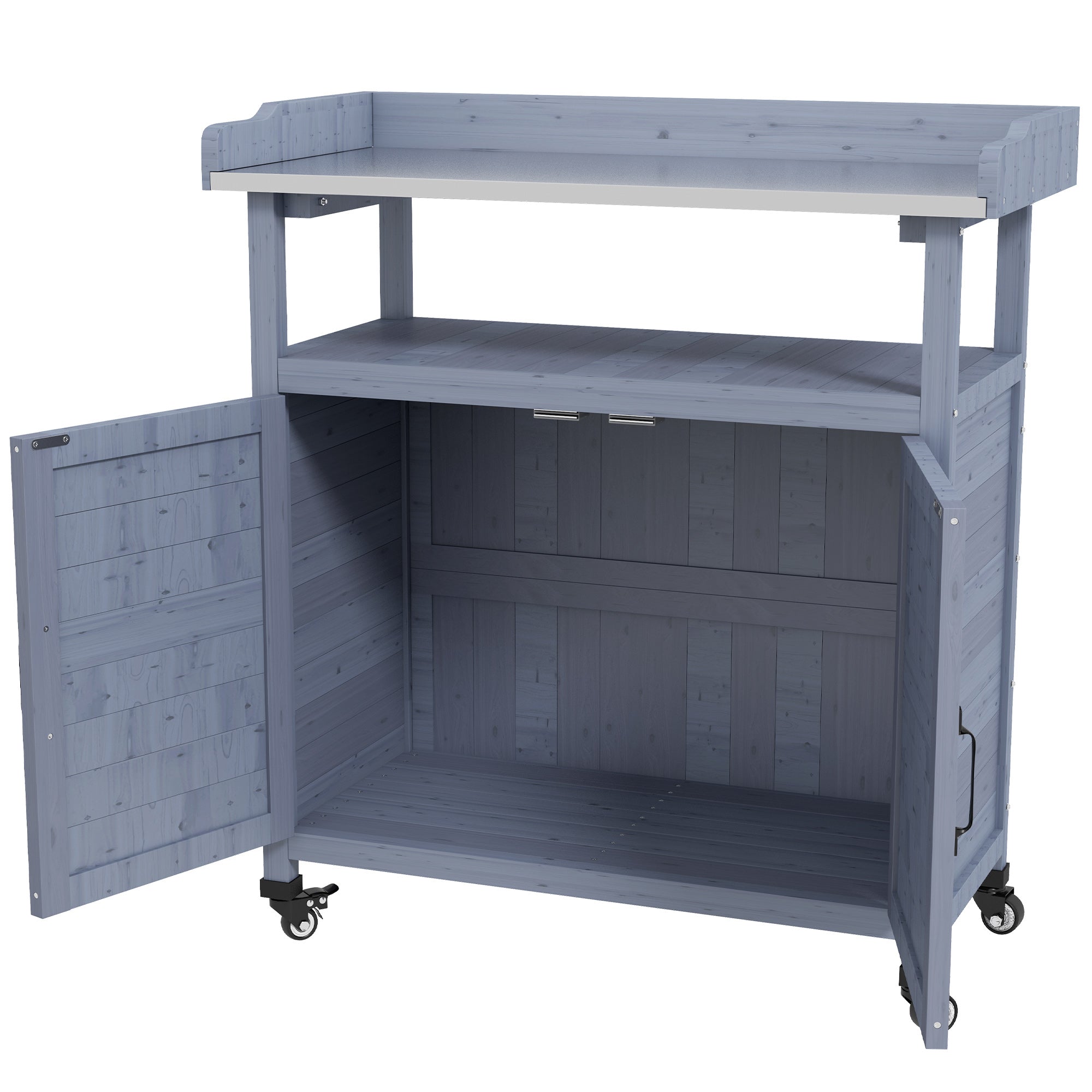 Outsunny Outdoor Wooden Potting Bench with Storage Cabinet, Aluminum Tabletop, Rubber Wheels for Backyard, Patio, Balcony, Grey 