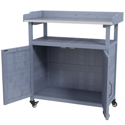 Outsunny Outdoor Wooden Potting Bench with Storage Cabinet, Aluminum Tabletop, Rubber Wheels for Backyard, Patio, Balcony, Grey 