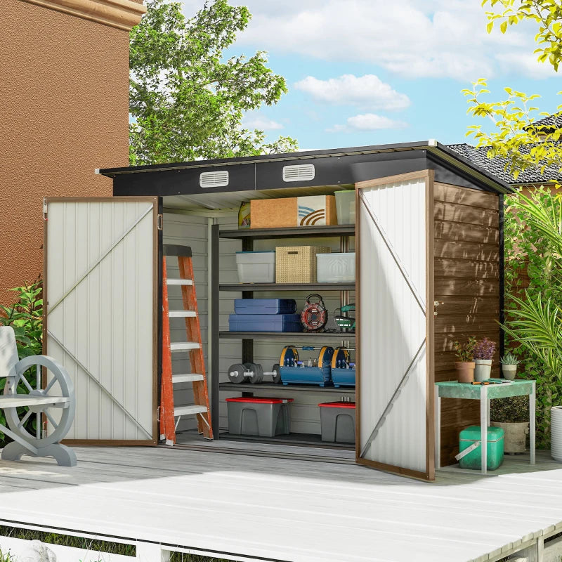 8 x 4FT Galvanized Garden Storage Shed, Metal Outdoor Shed with Double Doors and 2 Vents, Teak