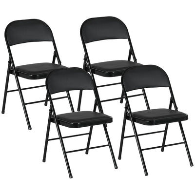 HOMCOM Set of 4 Metal Foldable Chairs, PU Leather Padded Folding Chairs with Cushion Seat and Open Back for Indoor, Black 