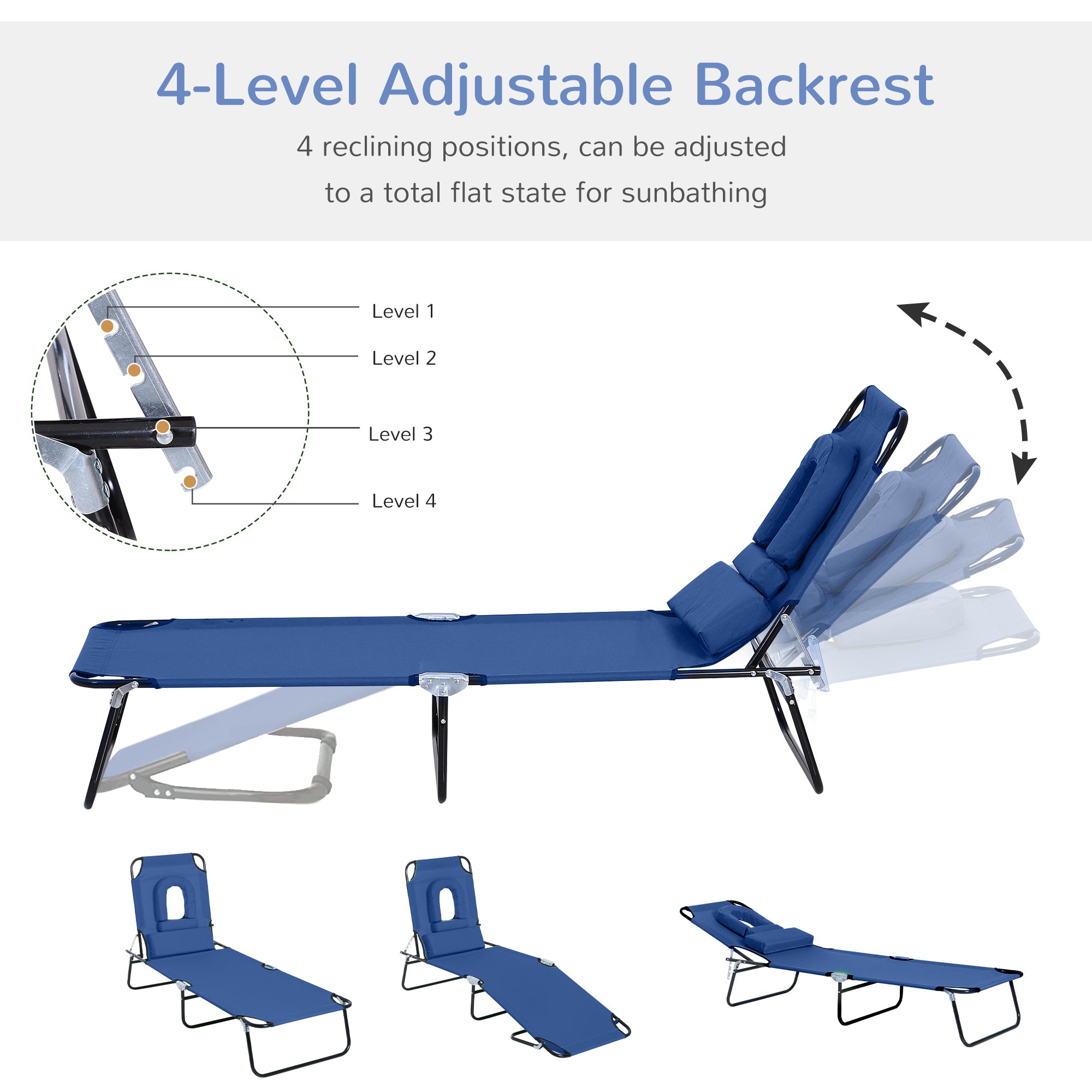 Outsunny Adjustable Garden Sun Lounger w/ Reading Hole Outdoor Reclining Seat Folding Camping Beach Lounging Bed Blue 