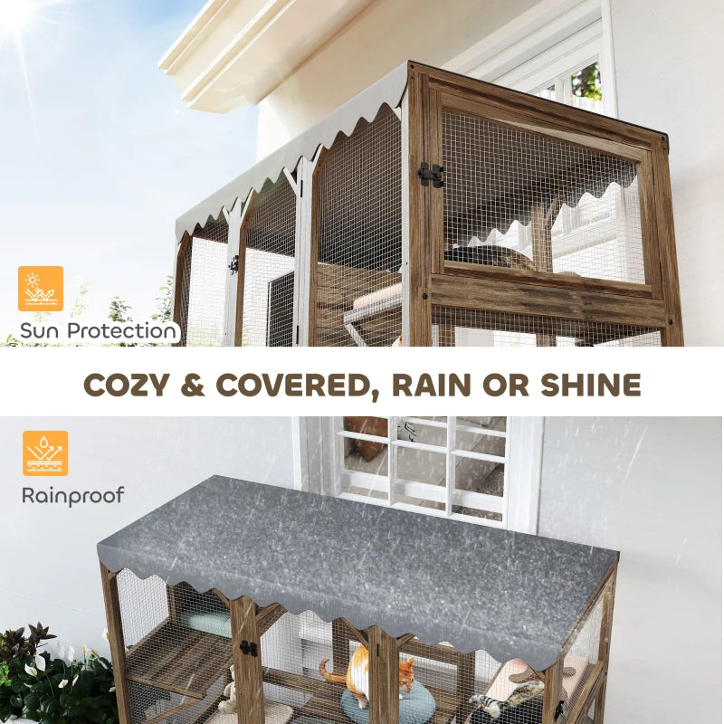 Wooden Catio Outdoor with Window Access, Waterproof Cover, Relaxing Condo, 5 Platforms, Doors, 59" x 28" x 59", Brown