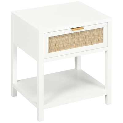 HOMCOM Rustic Retreat: Nightstand with Rattan Drawer and Open Shelf, Farmhouse Bedside Table for Bedroom and Living Room 