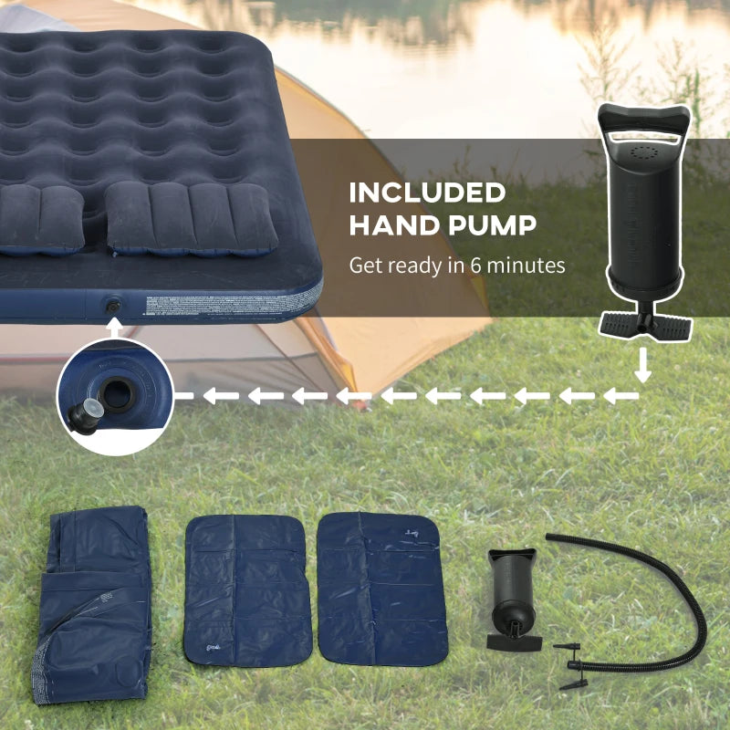 Queen Size Air Mattress Camping Air Bed with 2 Pillows and Hand Pump, Blue