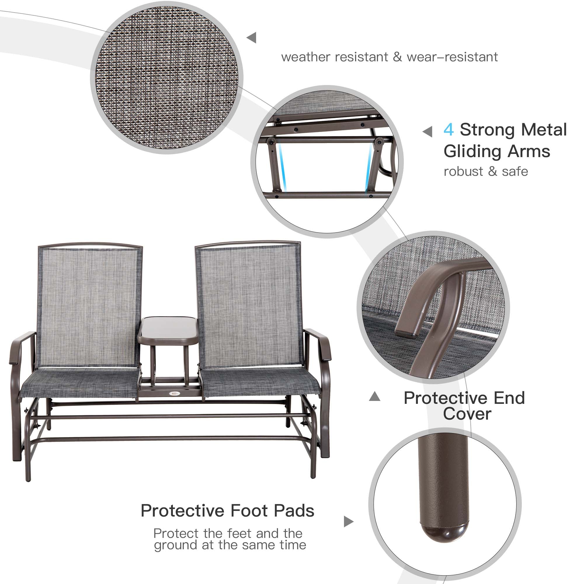 Outsunny 2-Person Patio Glider Bench Outdoor Loveseat Rocker Swing Chair Garden Furniture Grey 