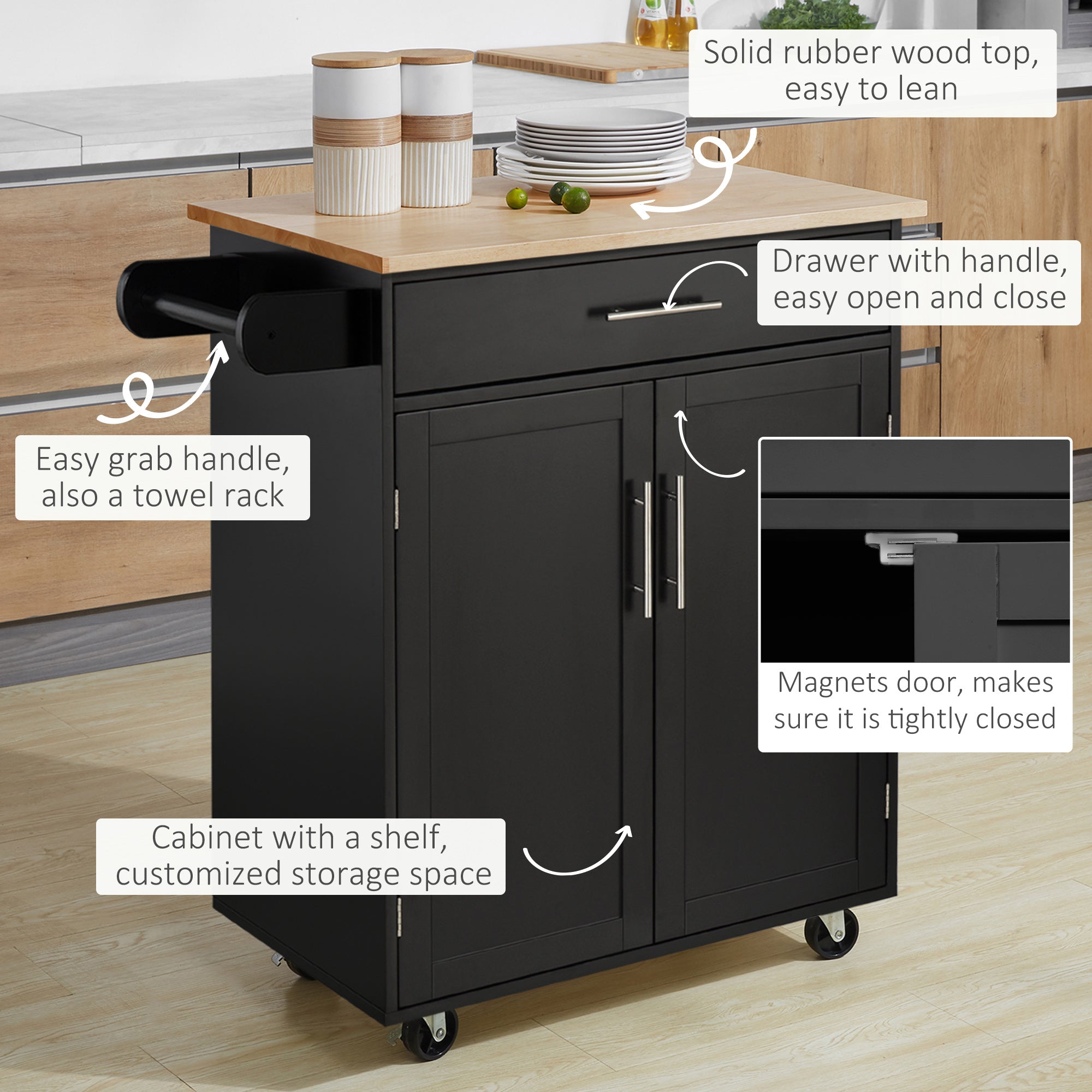 HOMCOM Mobile Culinary Companion: Rolling Kitchen Island Cart with Wood Top, Storage Drawer, Towel Bar, and Shelves 
