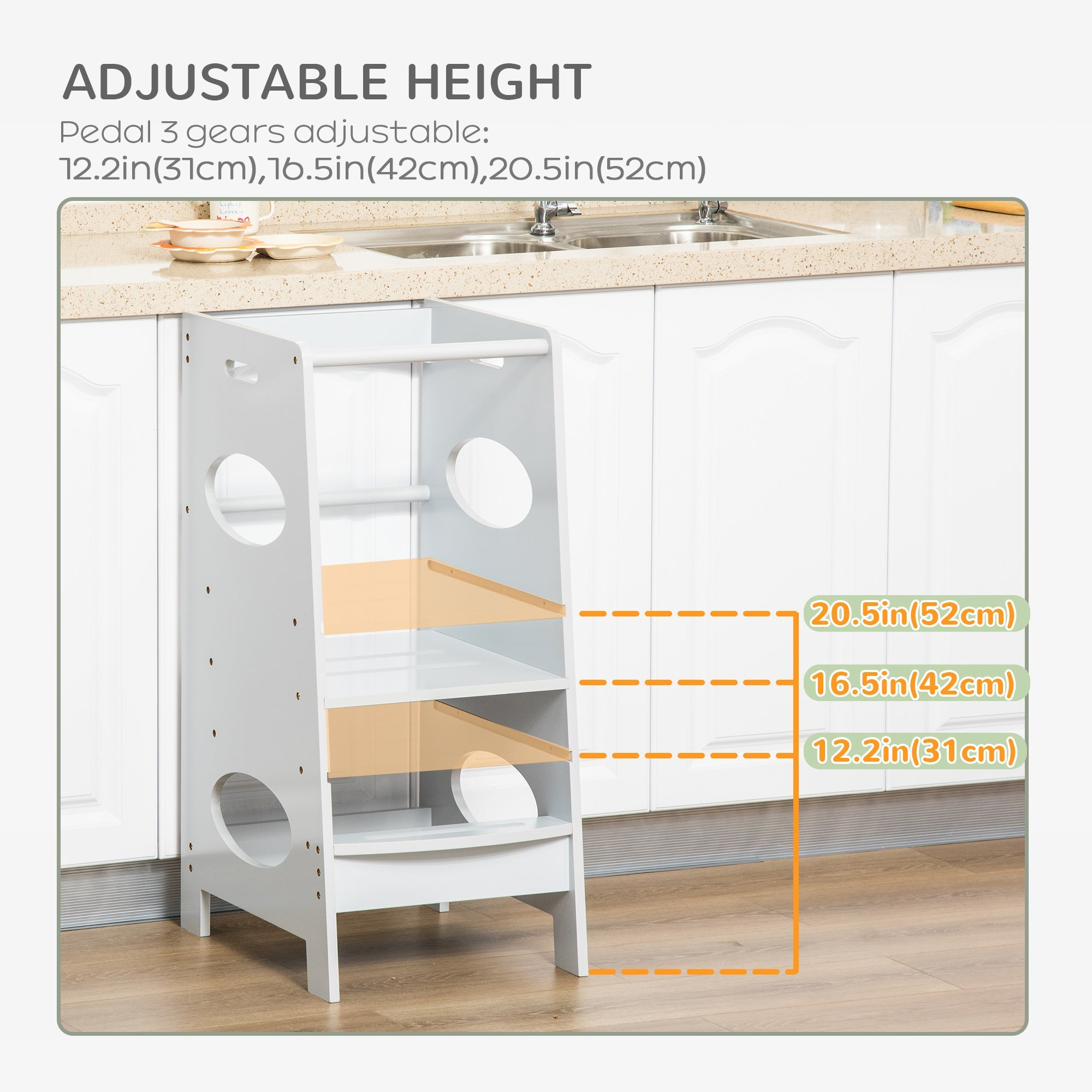 HOMCOM Adjustable Toddler Kitchen Step Stool with Safety Rail in Grey - Perfect for Little Helpers 