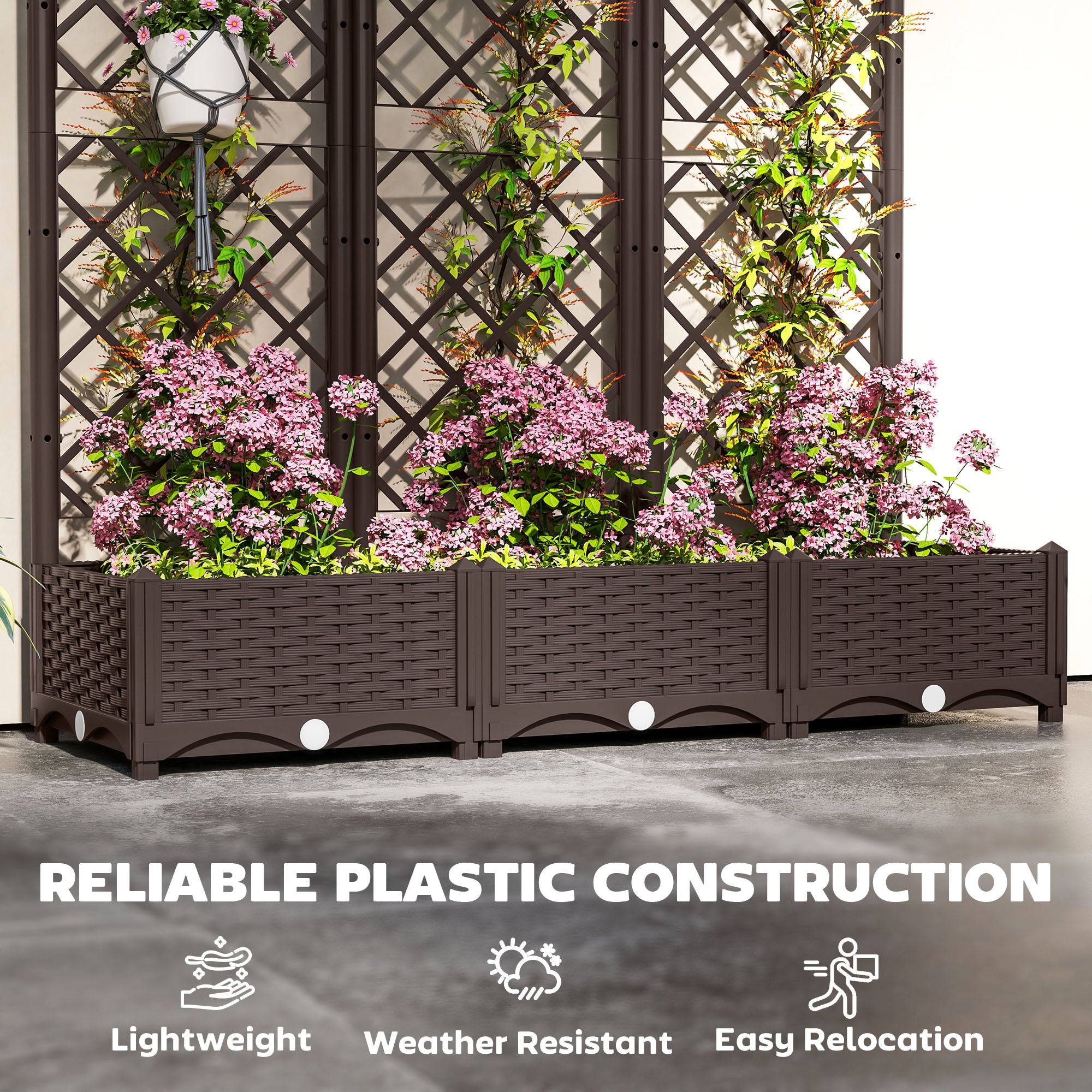 Outsunny Raised Garden Bed with Trellis, Plastic Raised Flower Bed with Drainage Holes and Drain Plugs, 47" x 16" x 48" 