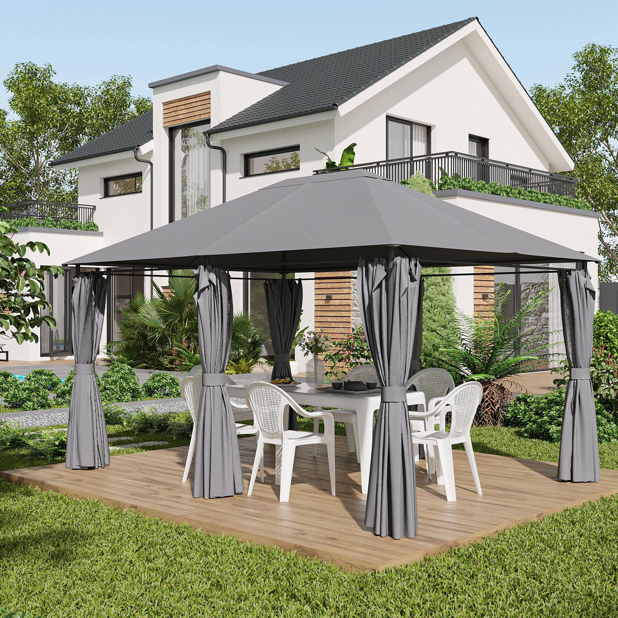 Outsunny 13x10' Steel Patio Gazebo with Soft-top Canopy, Party Tent, 6 Removable Curtains, Drainage Holes, Grey 