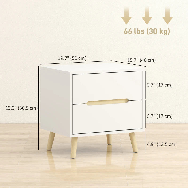 Nightstands Set of 2, Bedside Table with 2 Drawers, Modern Side End Table with Solid  Wood Legs for Bedroom, White