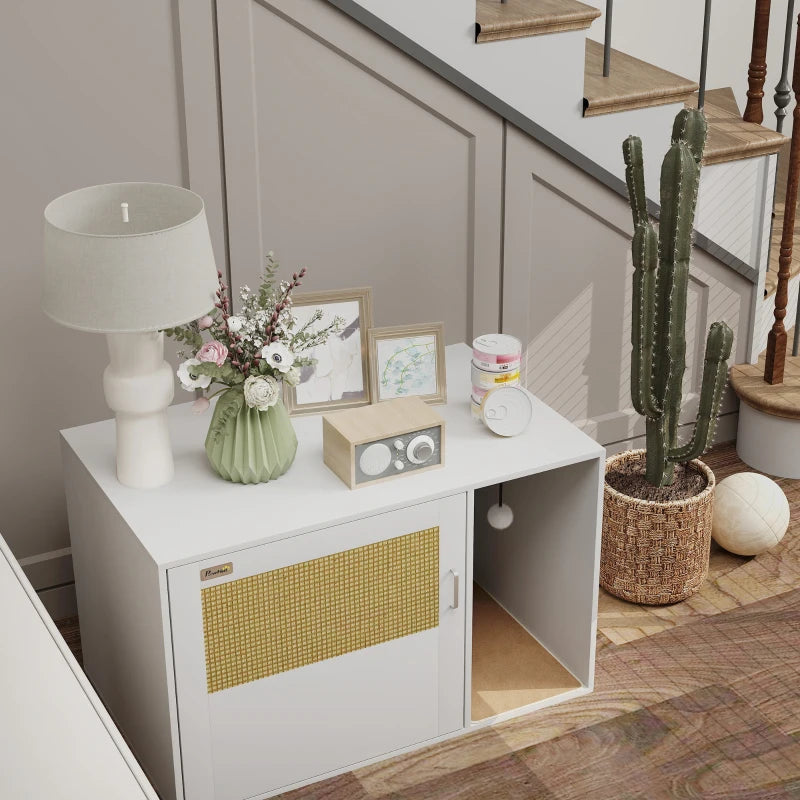 Cat Litter Box Enclosure, Cat Washroom End Side Table with Rattan Door, Scratching Pad, Non-slip Foot Pads, White